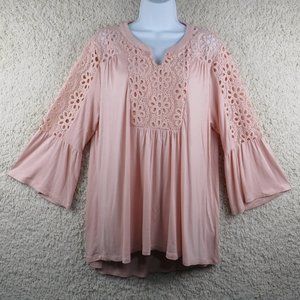 Style & Co.*‎ Women's Bell Sleeve Collarless Cut Out Neck High/Low Hem Blouse~ L